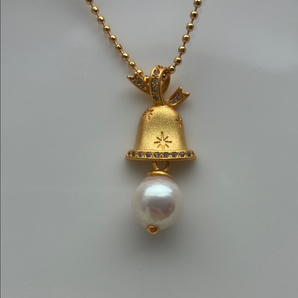 Gold-Plated Christmas Bell Pendant with Freshwater Pearl| Christmas jewelry gift - Picture 5 of 8